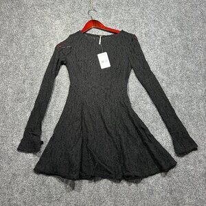Free People Dress Womens XS Black Lace Aline Lined Bell Cuff Sleeve NEW Skater